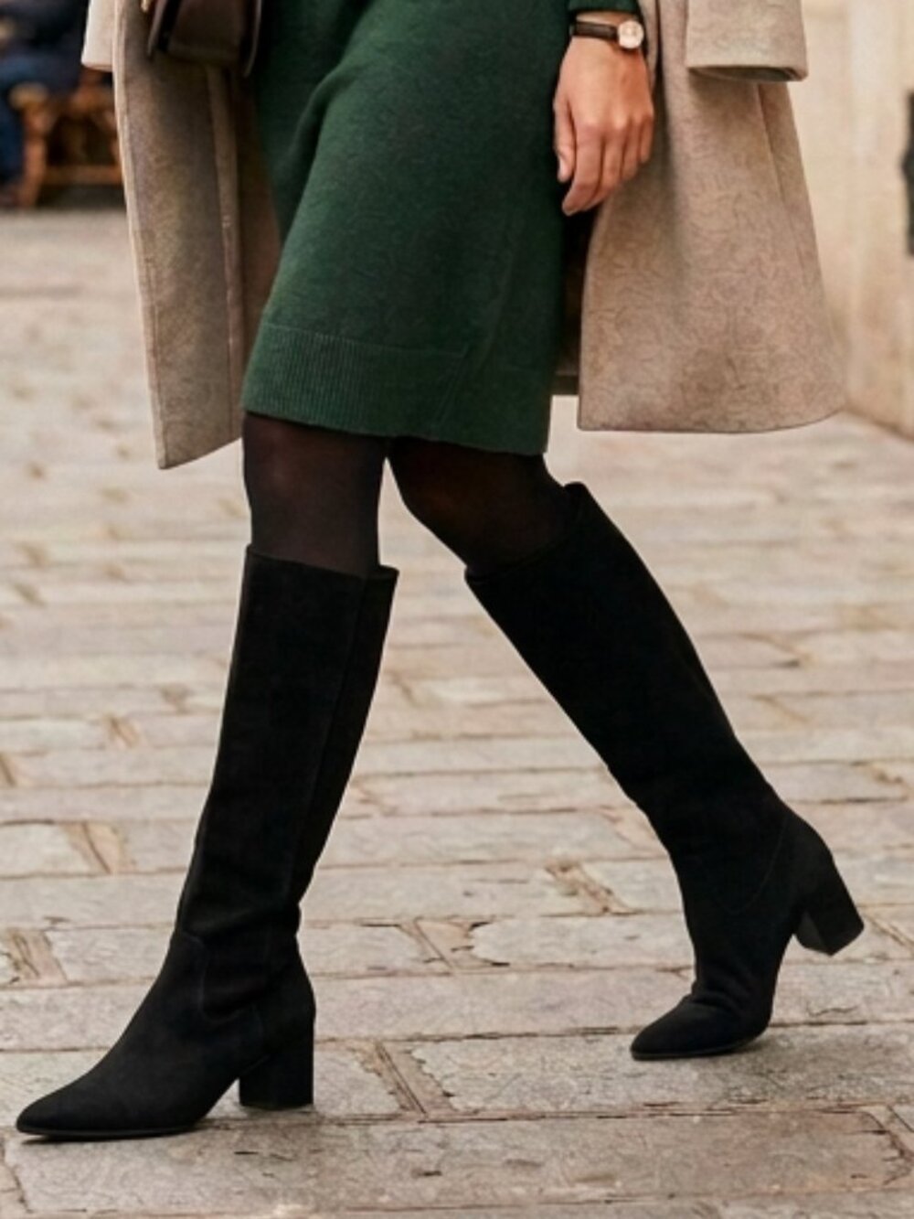 Black Italian Suede 21"Tall Knee High Boot with Ultrasuede Elastic Stretchy Calf